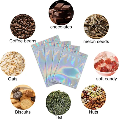 Vista 5 de Paquete de 400 bolsas holográficas de Mylar resellables de 4 tamaños con ventana para almacenamiento de alimentos, galletas, dulces, joyas y oficina