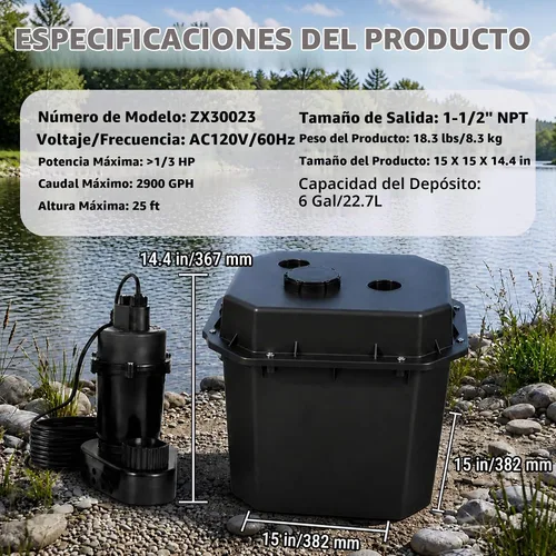 Vista 7 de Under-Sink Utility Sink Pump System, 1/3HP, 2900 GPH, 25 ft H, 6 Gal Basin