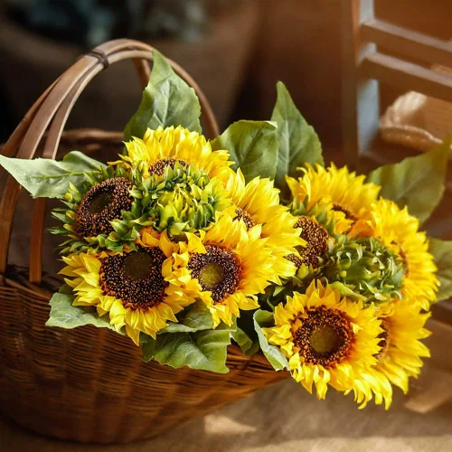 Vista 2 de Sandweek Flores artificiales clásicas de seda, girasoles, centros de mesa de flores falsas de tacto real, decoración del hogar para boda Amarillo