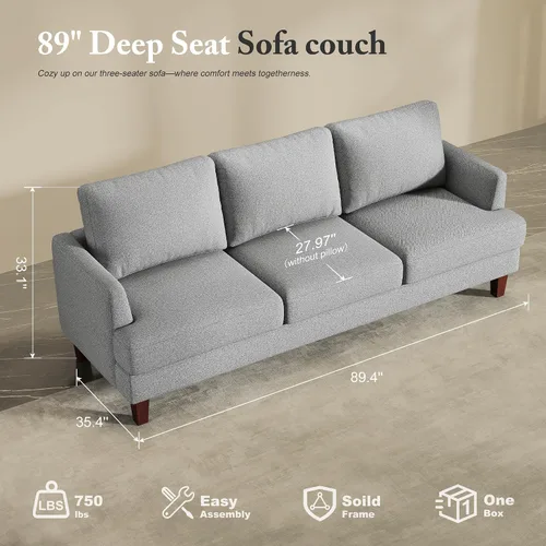 Vista 2 de Busaurus Sofá de 3 plazas con asientos profundos, sofá tapizado moderno de mediados de siglo de 89 pulgadas con reposabrazos, cómodos sofás para Gris