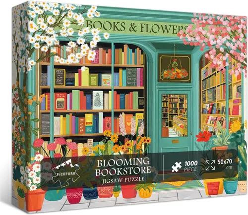 Vista 7 de PICKFORU Rompecabezas de Libro 1000 Piezas, Rompecabezas de Flores de Primavera para Adultos de Librería, Rompecabezas de Estantería en Flor como