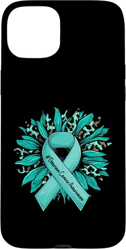 Vista 9 de Leopard Sunflower Teal Ribbon Ovarian Cancer Awareness Case for iPhone 16