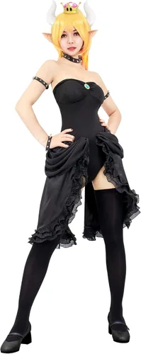 Vista 3 de C-ZOFEK Disfraz de Bowsette para mujer, vestido negro con accesorios
