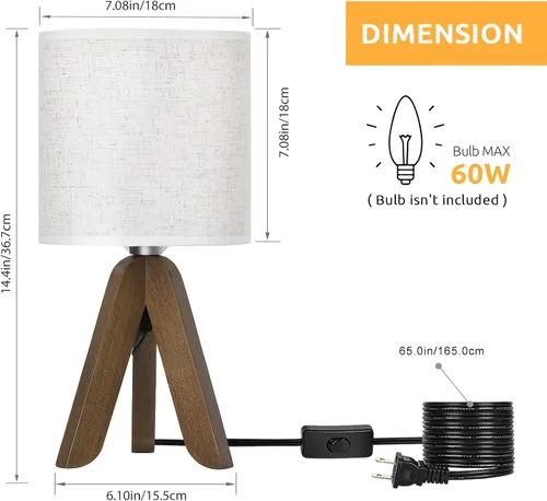 Vista 3 de HAITRAL Lámpara de Mesa de Trípode de Madera con Base Marrón, Pequeña Lámpara de Mesa Lámpara de Mesita de Noche con Pantalla de Tela de Lino