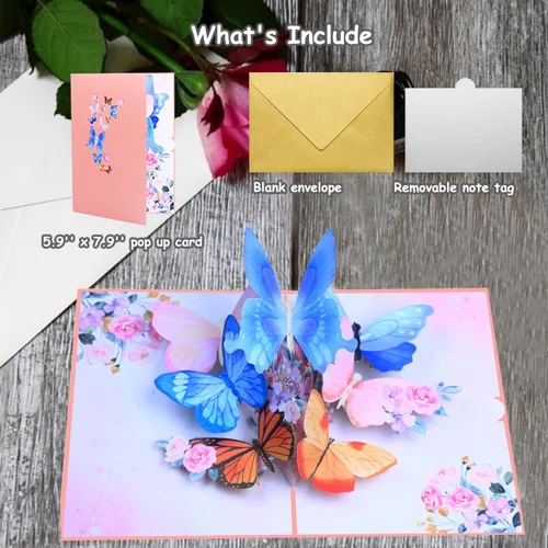 Vista 6 de ROBBEAR Tarjeta emergente, tarjeta de felicitación 3D de mariposa y flor con sobre para cualquier ocasión, cumpleaños, día de la madre, aniversario