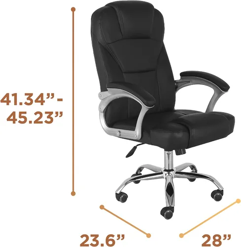 Vista 3 de Comfty Reposacabezas acolchado y silla de oficina de piel ejecutiva de lujo con base cromada, 41.34-45.23 pulgadas, negro
