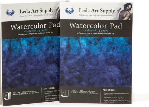 Vista 11 de Leda Art Supply Papel de acuarela prensado en caliente, paquete de 2 (24 hojas) de 300 gm – 140 libras, 25% algodón, fino papel de acuarela de arte