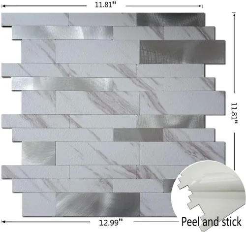Vista 2 de XUANINY 10 hojas de azulejos metálicos despegar y pegar para protector contra salpicaduras, autoadhesivos de aluminio 3D, adhesivos de pared