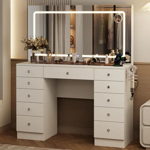 Vista 8 de Otterease Vanidad de maquillaje, espejo de tocador de 11 cajones con luces, escritorio de maquillaje con 3 modos de iluminación de brillo ajustable