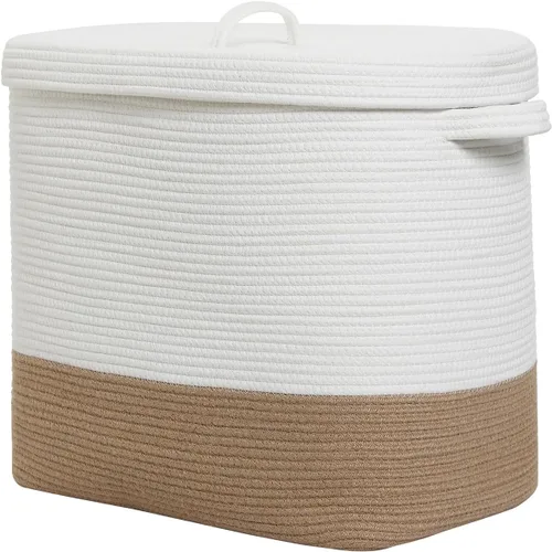 Vista 17 de Canasta de almacenamiento rectangular extragrande de 22"x14"x18" con tapa, gran canasta de cuerda de algodón, canasta de lavandería tejida