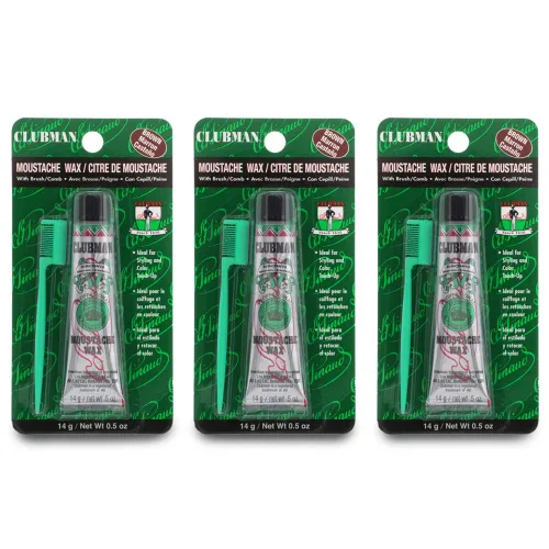 Vista 8 de Clubman Cera para bigote para hombre, color negro, cera de bigote de sujeción fuerte para peinar, incluye cepillo, 0.5 onzas