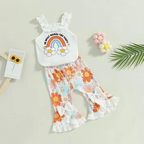 Vista 2 de BULINGNA Conjunto de dos piezas de verano para bebé niña sin mangas con estampado de arco iris + pantalones cortos florales de PPpantalones