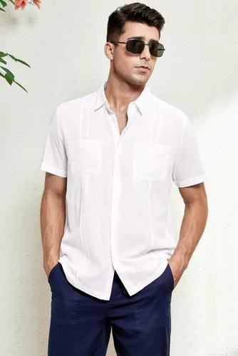 Vista 5 de JMIERR - Camisa de vestir informal de manga corta con botones y rayas para hombre, camisa de algodón