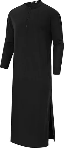Vista 4 de TURETRENDY Bata de manga larga para hombre, estilo caftán, con botones, estilo Henley, casual, con abertura lateral, con bolsillo