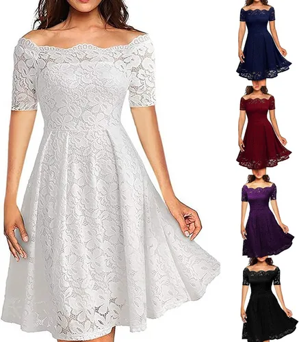 Vista 6 de FOVIGUO Vestido corto formal de encaje para mujer, con hombros descubiertos, tallas grandes, hasta la rodilla, vestido de dama de honor