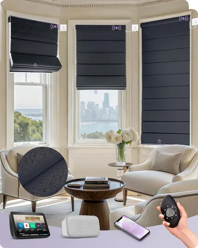 Vista 43 de Graywind Persianas romanas inteligentes compatibles con Alexa Google, persianas motorizadas recargables con control remoto de filtrado de luz