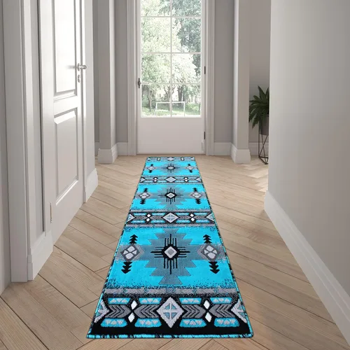 Vista 7 de EMMA + OLIVER Alfombra decorativa de olefina de felpa, patrón geométrico abstracto, tonos grises degradados con detalles azules vibrantes, 2 x 3