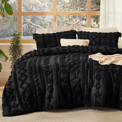 Vista 15 de Bedsure Juego de edredón bohemio copetudo, tamaño individual, juego de cama bohemio azul pizarra, GentleSoft™ 2 piezas de ropa de cama bordada