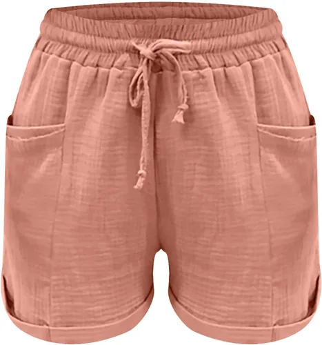 Vista 2 de PANOEGSN Pantalones cortos casuales de lino y algodón para mujer, con cordón, cómodos, cintura elástica, dobladillo enrollado, con bolsillos