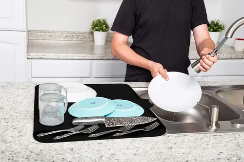 Vista 7 de Luxet Alfombrilla de silicona para secar platos con borde de drenaje integrado, almohadilla de secado higiénica, bandeja resistente compacta y fácil