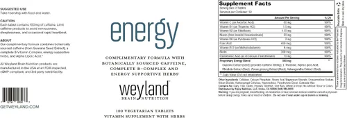 Vista 4 de Energía, formula complementaria con cafeína botánica, completa B-Complex y hierbas de apoyo para energía de Weyland, 1 botella