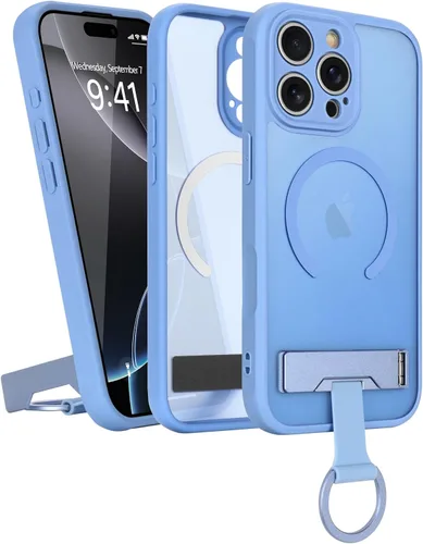 Vista 27 de Funda para iPhone 16 Pro Max, compatible con Magsafe, color negro Funda magnética mate translúcida, agarre de anillo de dedo, soporte ajustable