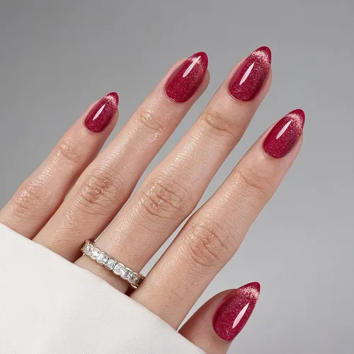 Vista 20 de Uñas cortas a presión de almendra, uñas con purpurina rosa degradado 3H-rosa con purpurina