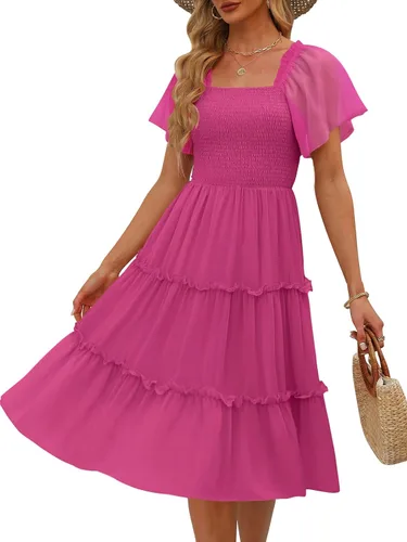 Vista 20 de LILLUSORY Vestido midi fruncido con cuello cuadrado y mangas con vuelo Negro