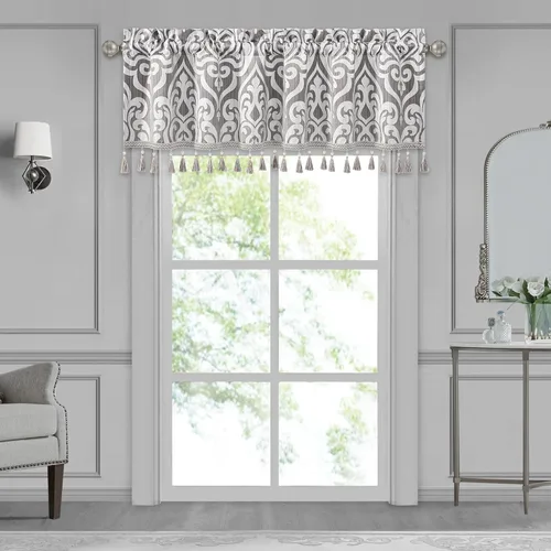 Vista 12 de Loom and Mill Cenefas de jacquard de lujo para ventana de sala de estar, elegante cenefa de cortina de damasco beige con ribete de cuentas, cortina