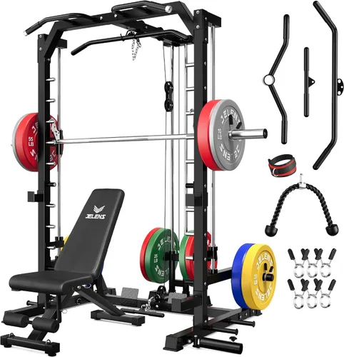 Vista 31 de JELENS SR01 Smith Machine, jaula de potencia multifunción de 2000 libras con sistema de extracción LAT, estante para sentadillas todo en uno