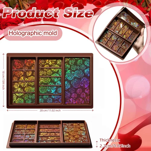 Vista 2 de Ziliny Molde holográfico de barra de chocolate rosa de silicona, barra de chocolate con efecto de luz arco iris, moldes profundos y gruesos