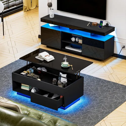 Vista 13 de HOMMPA - Mesa de café con tapa elevable de 40" con almacenamiento, mesa de centro LED moderna de alto brillo para sala de estar, mesa de té moderna