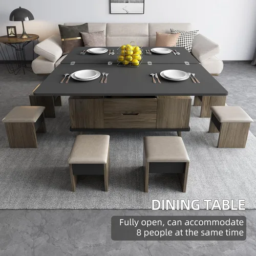 Vista 7 de Guyii Mesa de centro elevable de 38.97 pulgadas con 4 taburetes, mesa central multifuncional 3 en 1, mesa de comedor expandible para sala de estar