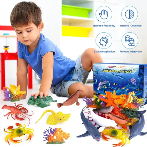 Vista 8 de GINMIC Juguetes de animales del océano para niños con alfombra de juego grande, paquete de 18 juguetes de animales marinos realistas surtidos