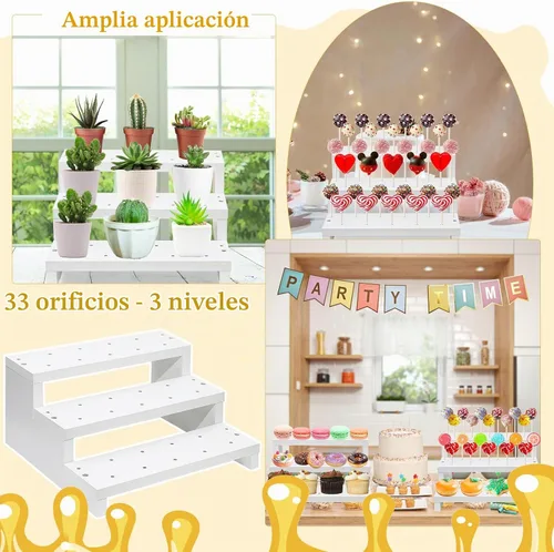 Vista 3 de Soporte de madera para piruletas de pastel, soporte de exhibición de 3 niveles, blanco, con 33 agujeros, soporte para piruletas con lazos