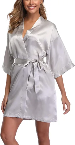 Vista 3 de Bata corta de satén para mujer, kimono, novia, dama de honor, albornoz de preparación, bata suave para dormir
