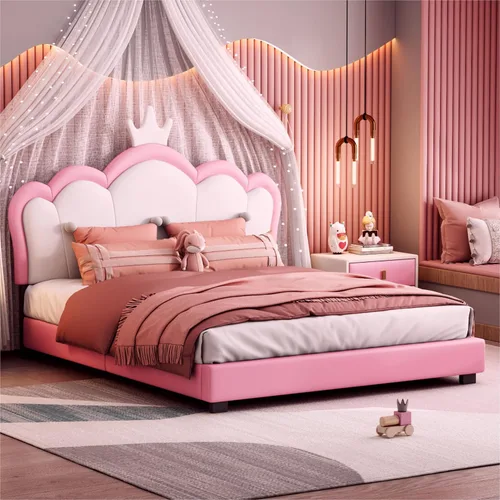 Vista 13 de Bonita cama de princesa tapizada de tamaño individual con cabecera corona, plataforma de piel sintética rosa para niños y niñas, no requiere somier