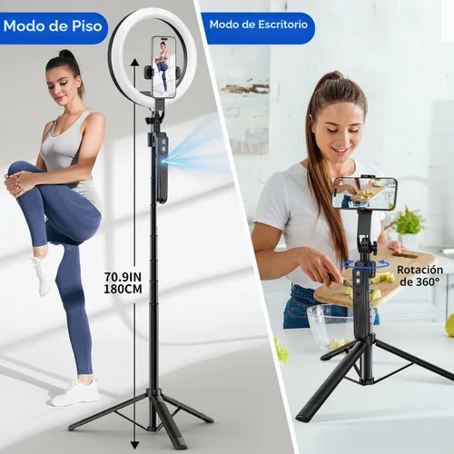 Vista 4 de Trípode de seguimiento automático de cara de 70.9 pulgadas con rotación de 360 grados y anillo de luz de 10 pulgadas, trípode para teléfono y selfie