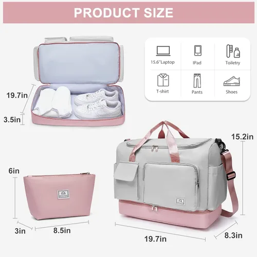 Vista 307 de Pequeña bolsa de gimnasio para mujer, bolsa de viaje con compartimento para zapatos