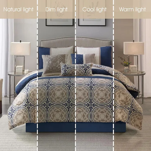Vista 4 de Grand Avenue Juego de edredón azul King, ropa de cama con estampado de microfibra, geométrico, patchwork de 7 piezas, edredones, fundas de almohada