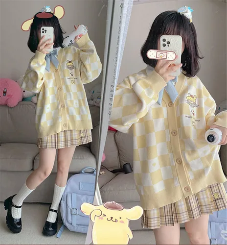 Vista 7 de WANHONGYUE Cárdigan Kawaii Cinnamoroll para mujeres y niñas, de manga larga, frente abierto, cárdigans de punto, uniforme escolar JK