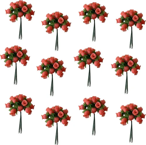 Vista 2 de GiftWrap Etc. Rosas artificiales de seda coral – 12 mini ramos de 12 capullos de rosa, 144 capullos de rosa en total, boda, recepción, aniversario