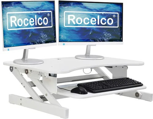 Vista 26 de Rocelco - Convertidor de escritorio para trabajar de pie con altura ajustable de 32 pulgadas - Bandeja retráctil deslizable - Elevador de monitor