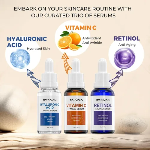 Vista 4 de Juego de suero facial antienvejecimiento, vitamina C, retinol y ácido hialurónico para la luminosidad y la humedad de la piel, 1 onza líquida
