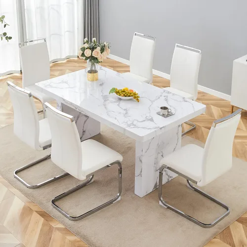 Vista 22 de gopop Mesa de comedor de mármol de 63 pulgadas, tablero de mesa de comedor MDF con patrón de mármol y base para cocina y comedor.