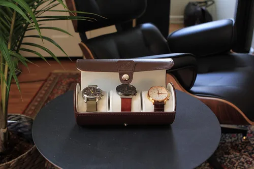 Vista 6 de Case Elegance - Caja de viaje de cuero vegano para reloj, Marrón