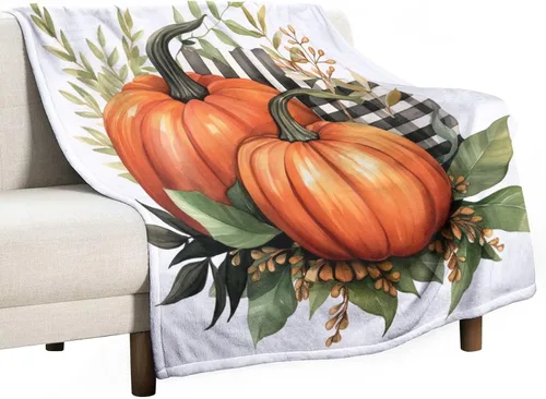 Vista 39 de Manta de lana cuadriculada con diseño de calabaza, hojas de arce, Acción de Gracias, manta de cama para otoño, Acción de Gracias, ligera, súper