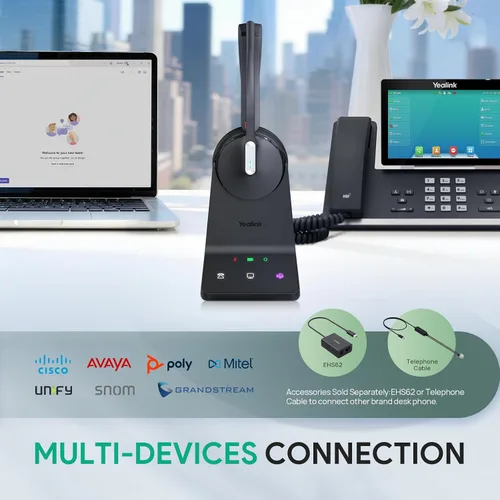 Vista 7 de Auriculares Yealink WH64 DECT & Bluetooth Mono para Equipos, Auriculares Inalámbricos de Largo Alcance de 185m, Micrófono con Cancelación de Ruido