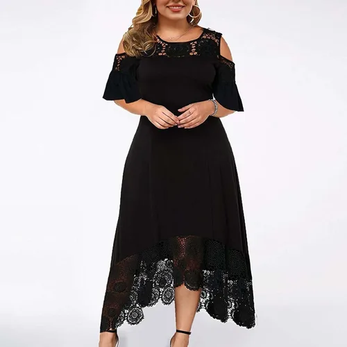 Vista 2 de ZEFOTIM Vestido de fiesta para invitados de boda, vestido de encaje casual con cuello redondo, cintura imperio, volantes, suelto, largo, vestido