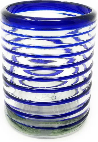 Vista 6 de Dos Sueños Vasos mexicanos soplados a mano, juego de 6 vasos con diseño de espiral azul (10 onzas cada uno)